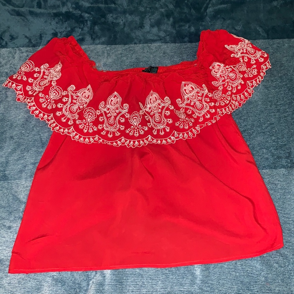 Red & white embroidered off the shoulder top